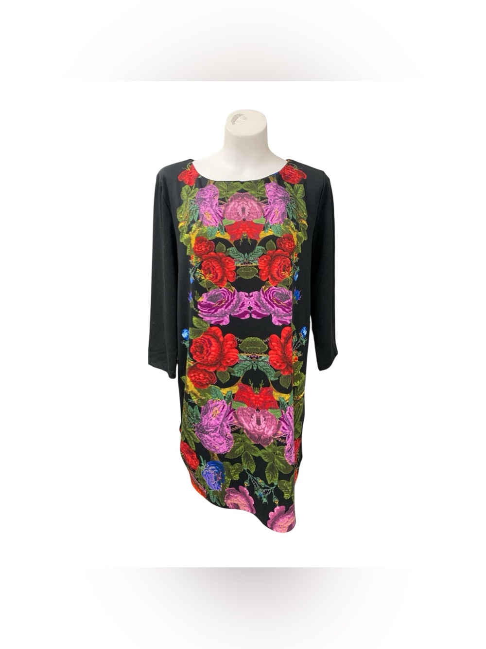 H&M Black Midi Dress with Red and Pink Floral Panel Size M